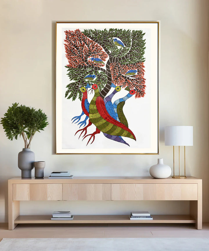 Peacocks & Birds Gond Hand Painting Wall Art By 36" x 24"(Unframed)