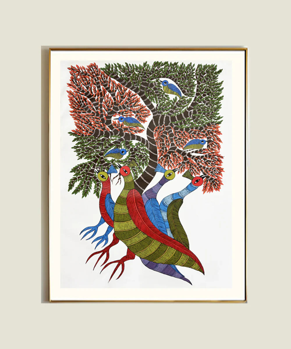 Peacocks & Birds Gond Hand Painting Wall Art By 36" x 24"(Unframed)