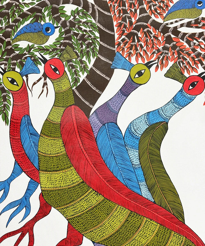 Peacocks & Birds Gond Hand Painting Wall Art By 36" x 24"(Unframed)
