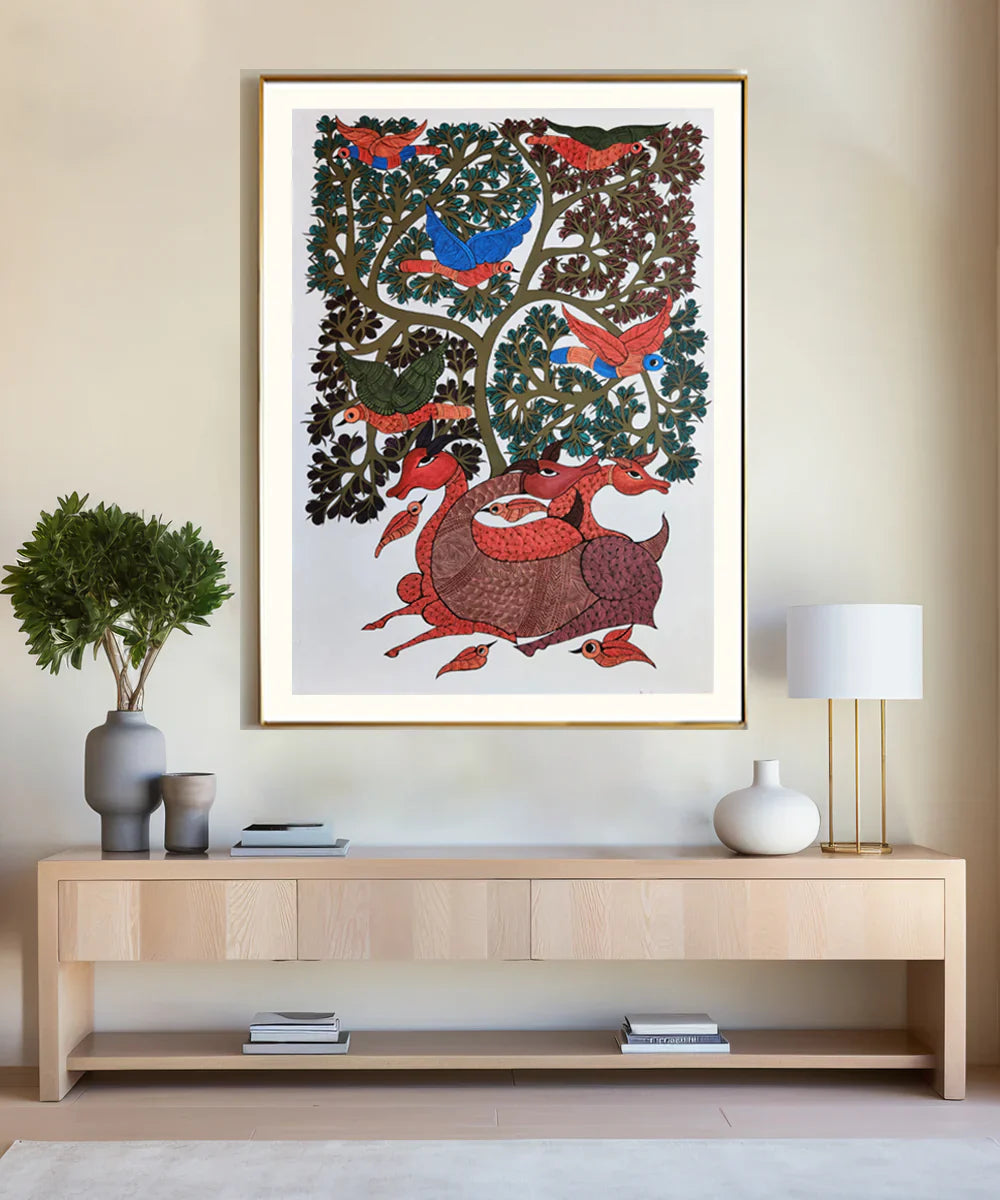 Tree & Deer Gond Hand Painting Wall Art By 36" x 24"(Unframed)