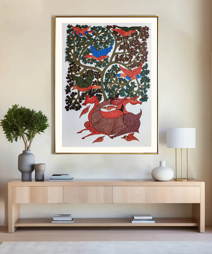 Tree & Deer Gond Hand Painting Wall Art By 36" x 24"(Unframed)