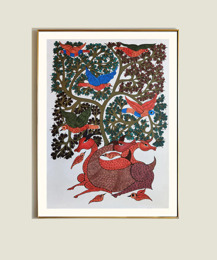 Tree & Deer Gond Hand Painting Wall Art By 36" x 24"(Unframed)
