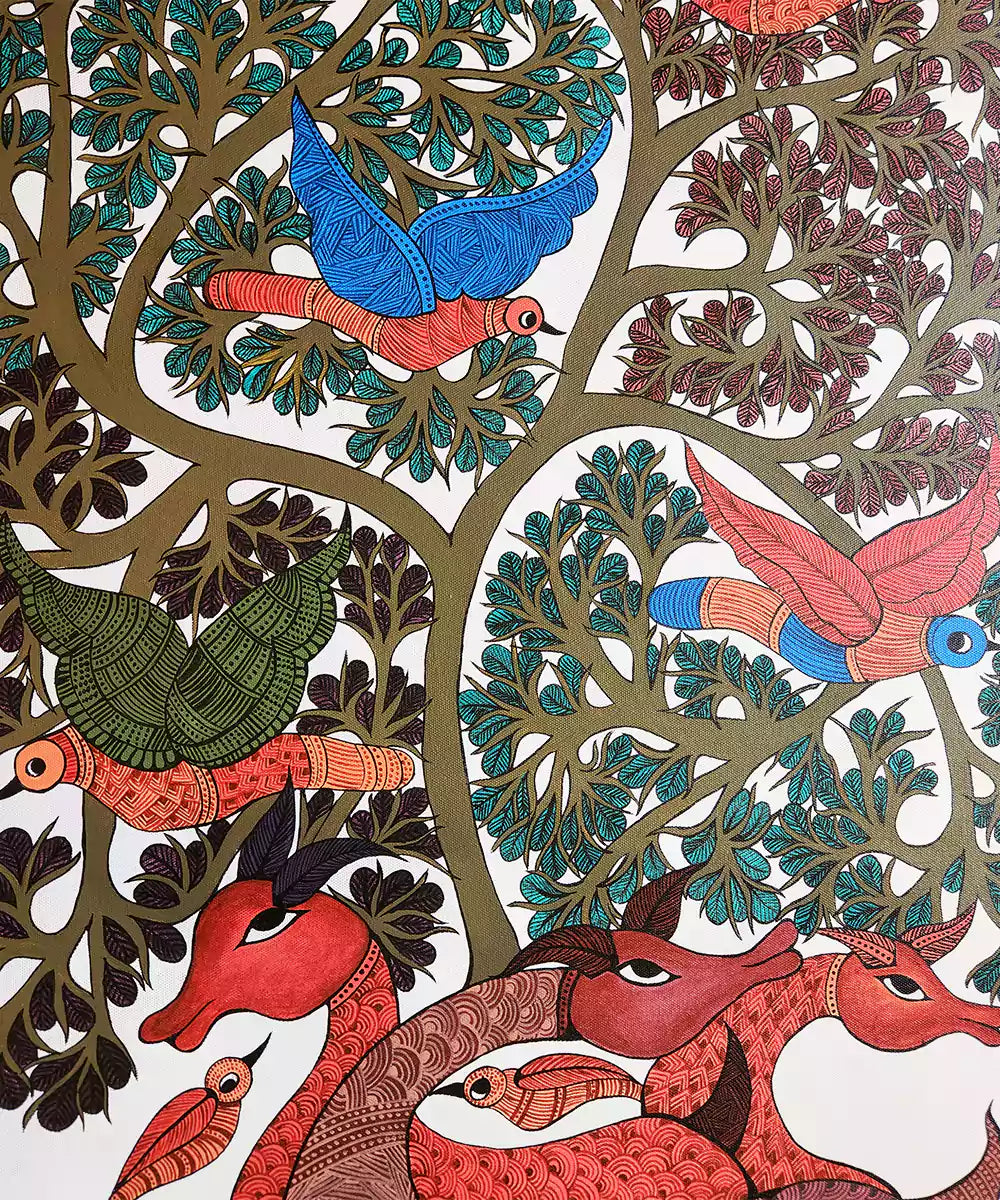 Tree & Deer Gond Hand Painting Wall Art By 36" x 24"(Unframed)