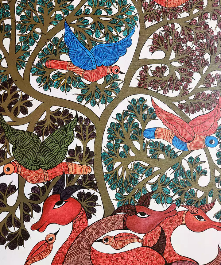 Tree & Deer Gond Hand Painting Wall Art By 36" x 24"(Unframed)