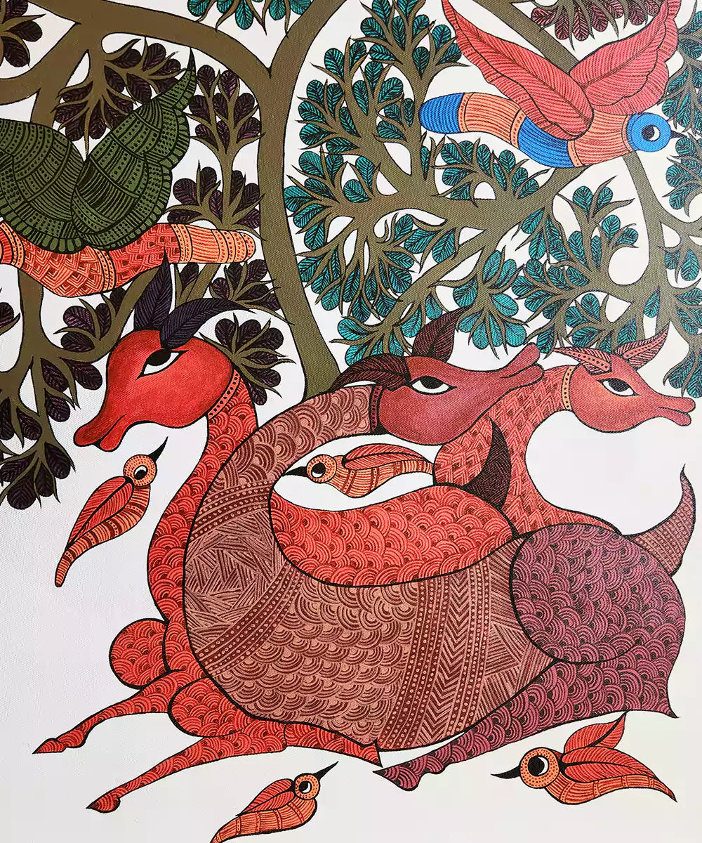 Tree & Deer Gond Hand Painting Wall Art By 36" x 24"(Unframed)
