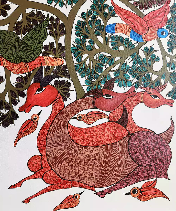 Tree & Deer Gond Hand Painting Wall Art By 36" x 24"(Unframed)