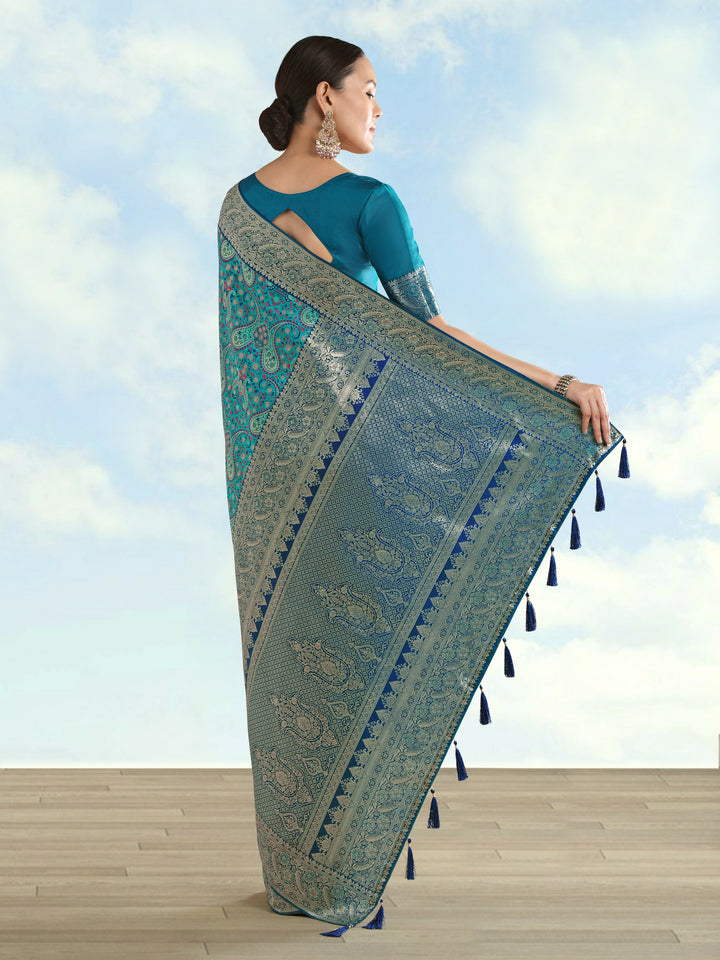 Turquoise Banarasi Semi Silk Saree With Traditional Paisley Weaves | SHOBITAM