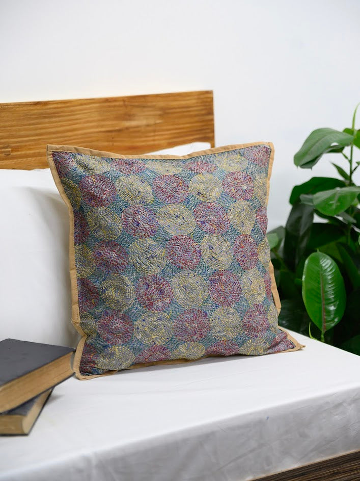 Grey Green Kantha Silk Reversible Cushion Cover - Pack of 1 | SHOBITAM