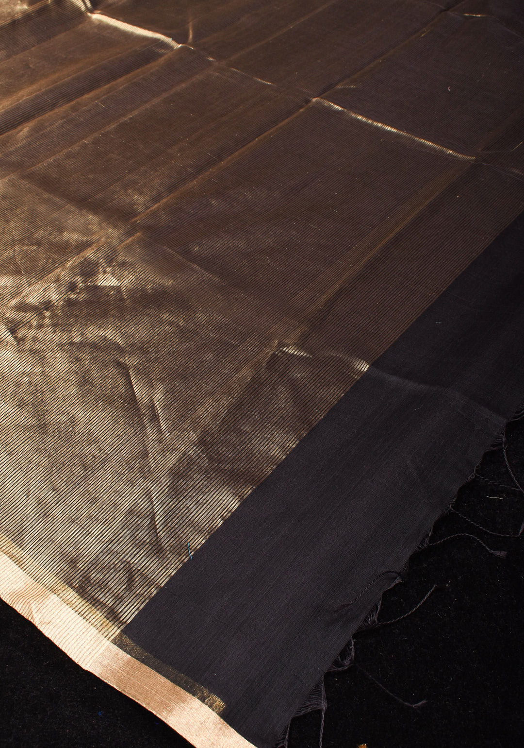 Half and Half Black and Gold Handwoven Zari Stripes Tissue Maheshwari Silk Cotton Saree