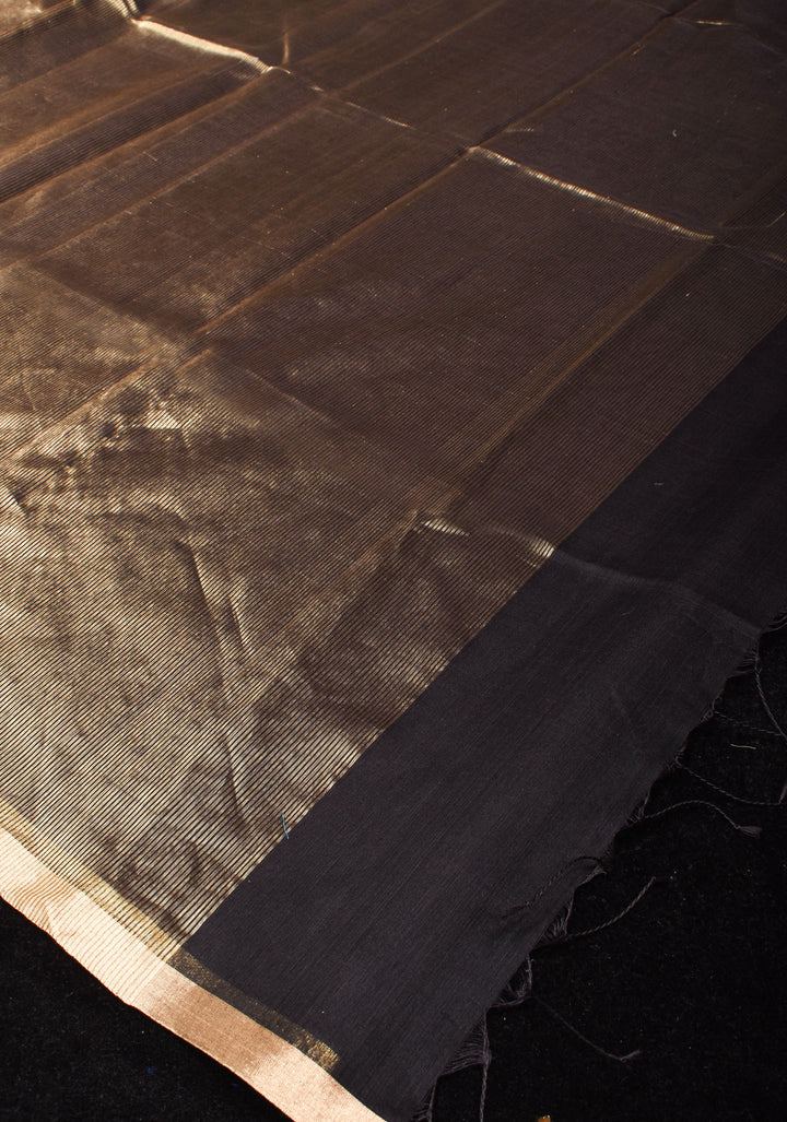 Half and Half Black and Gold Handwoven Zari Stripes Tissue Maheshwari Silk Cotton Saree
