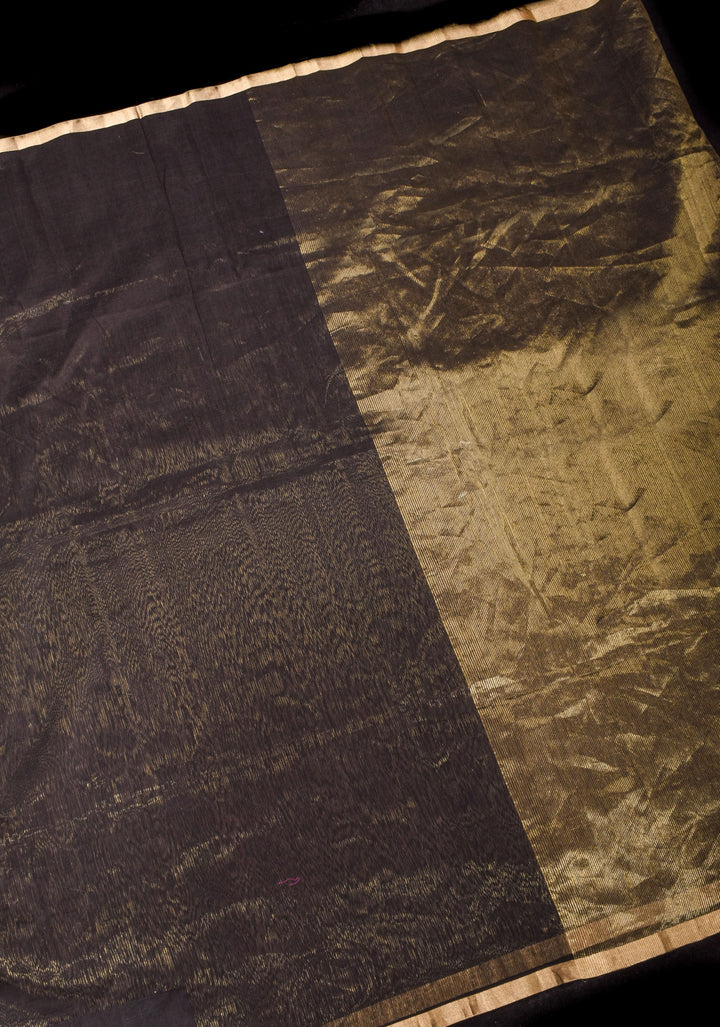 Half and Half Black and Gold Handwoven Zari Stripes Tissue Maheshwari Silk Cotton Saree
