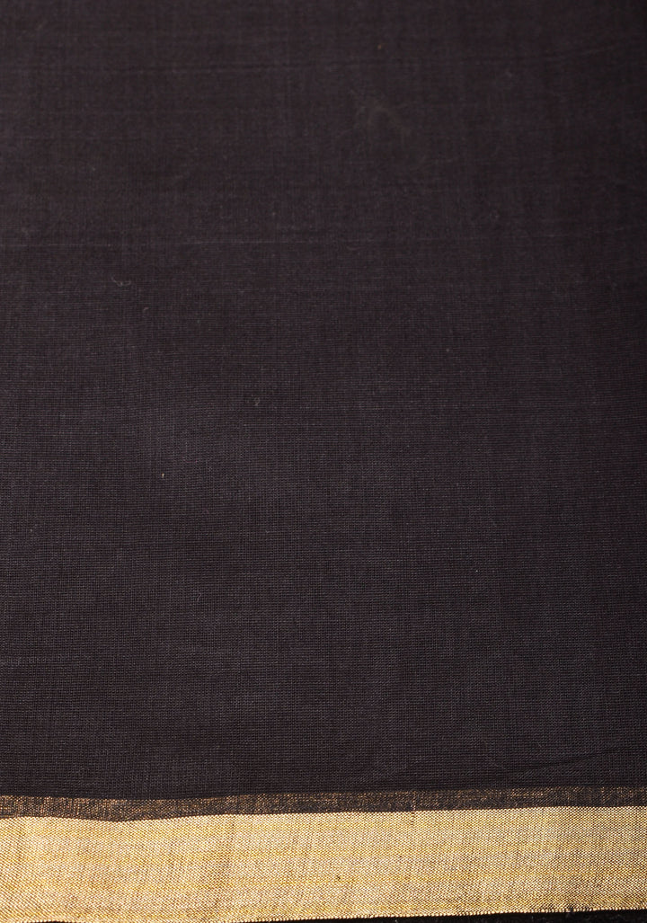 Half and Half Black and Gold Handwoven Zari Stripes Tissue Maheshwari Silk Cotton Saree