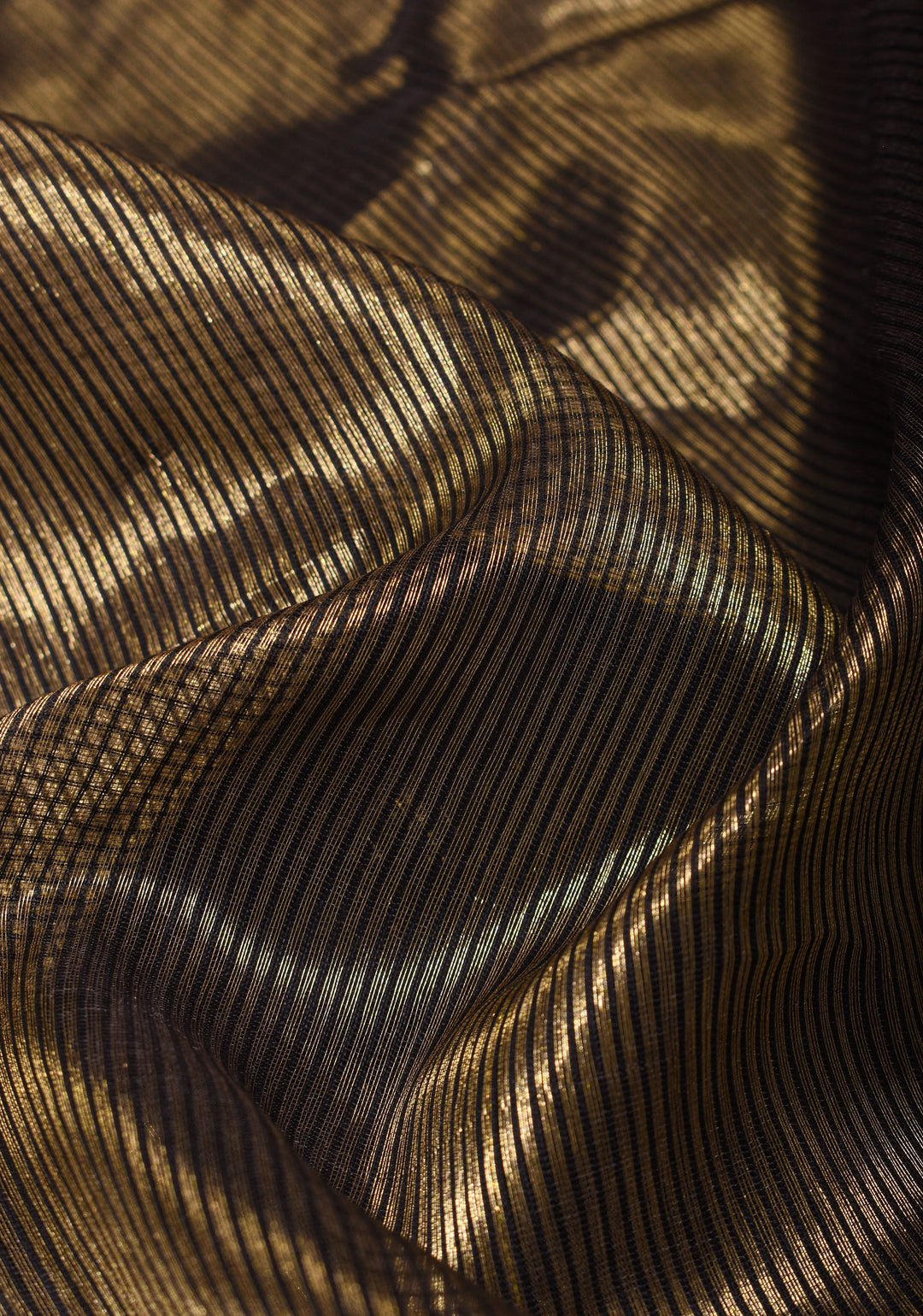 Half and Half Black and Gold Handwoven Zari Stripes Tissue Maheshwari Silk Cotton Saree
