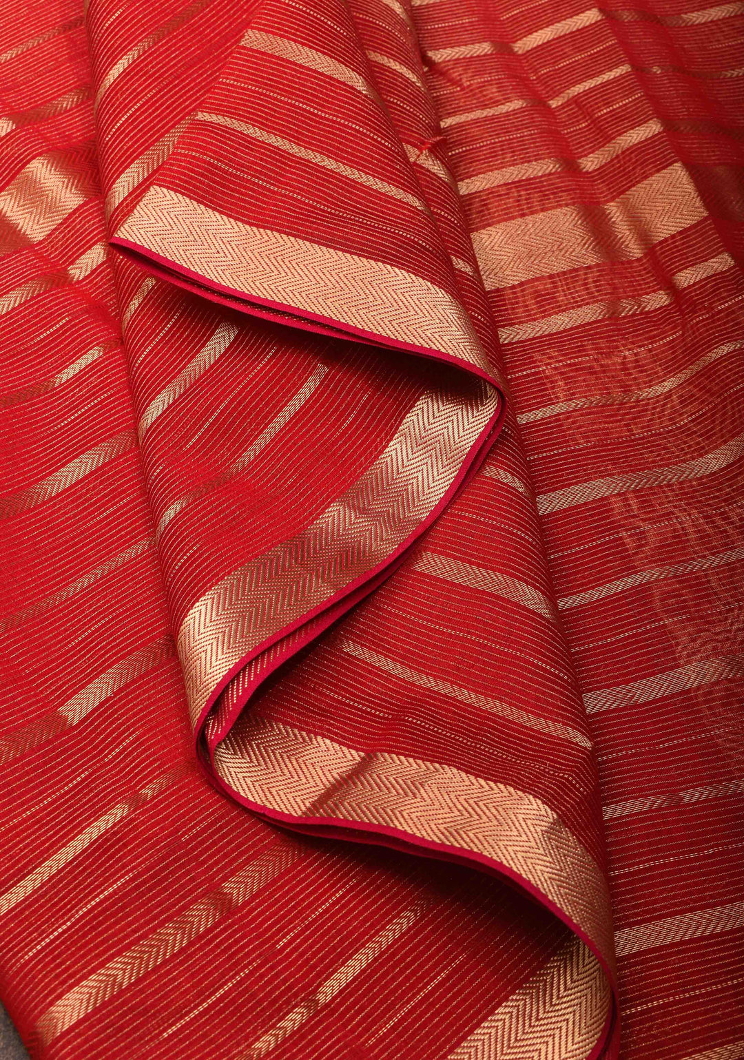 Dark Red Handwoven Maheshwari Silk Cotton Saree with Horizontal Stripes and zari border