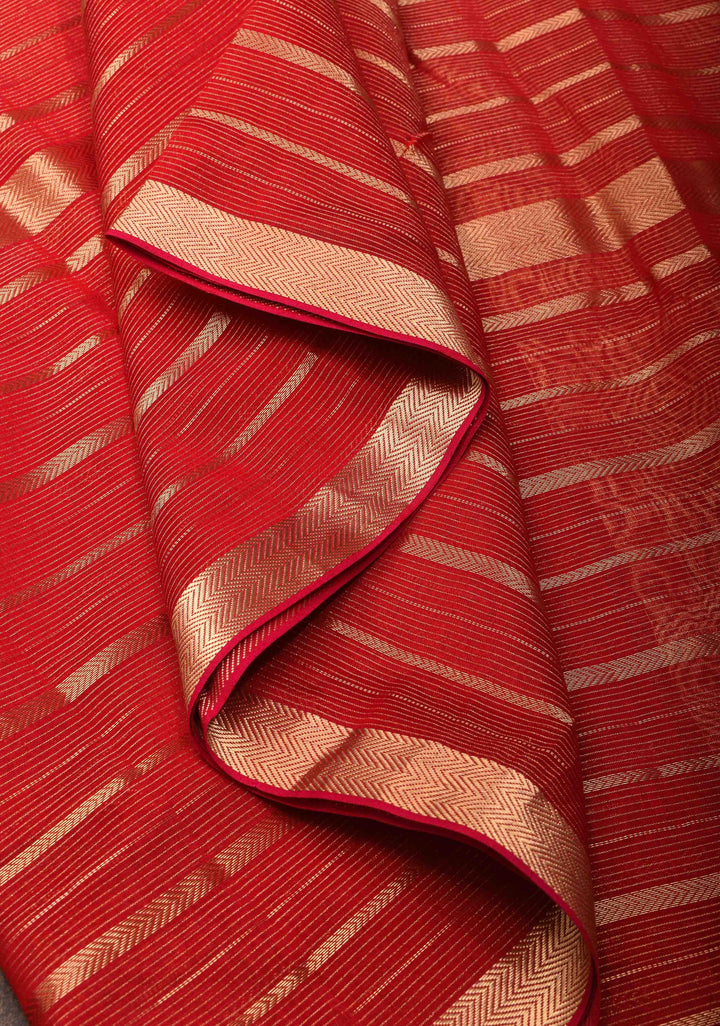 Dark Red Handwoven Maheshwari Silk Cotton Saree with Horizontal Stripes and zari border