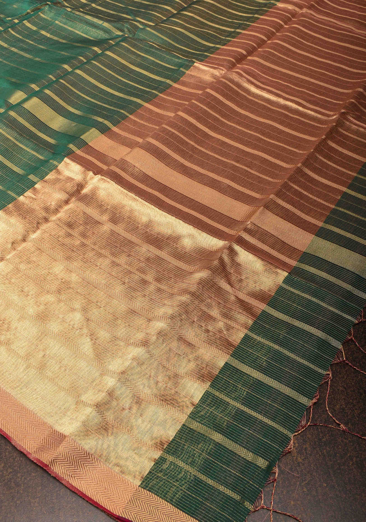 Green Handwoven Maheshwari Silk Cotton Saree with Horizontal zari Stripes and Border