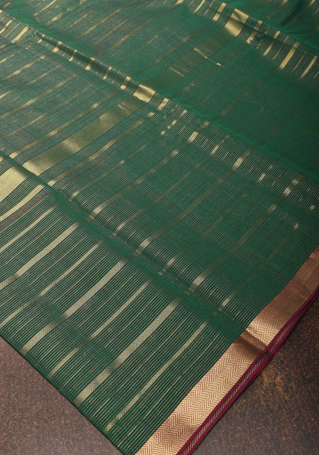 Green Handwoven Maheshwari Silk Cotton Saree with Horizontal zari Stripes and Border