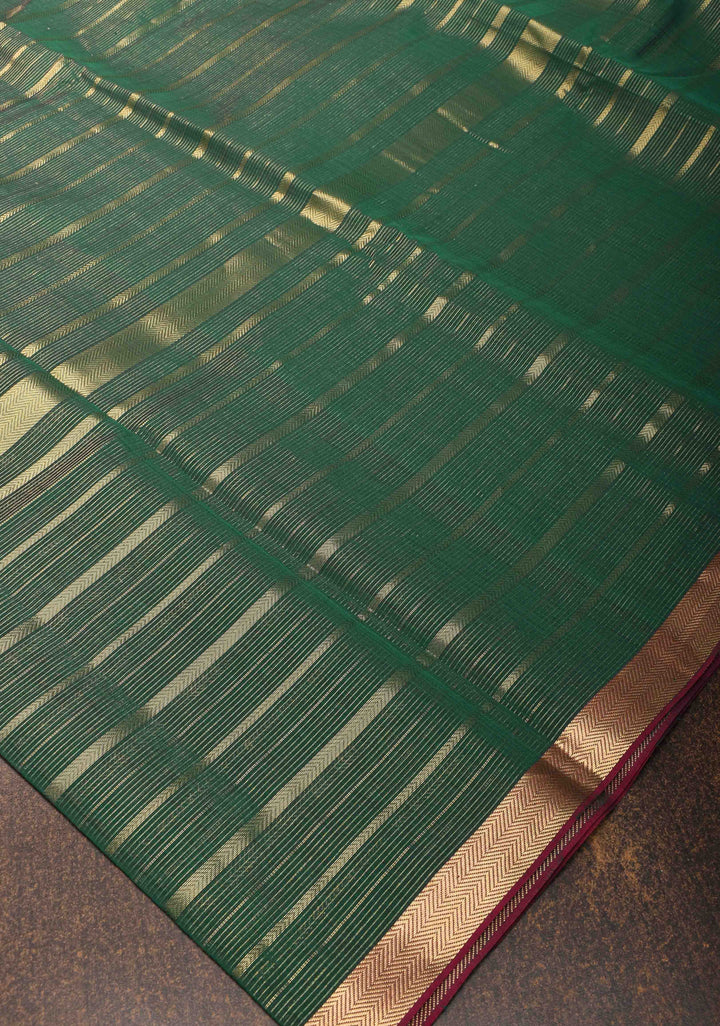 Green Handwoven Maheshwari Silk Cotton Saree with Horizontal zari Stripes and Border