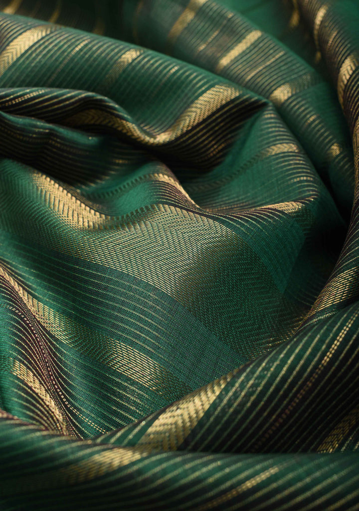 Green Handwoven Maheshwari Silk Cotton Saree with Horizontal zari Stripes and Border
