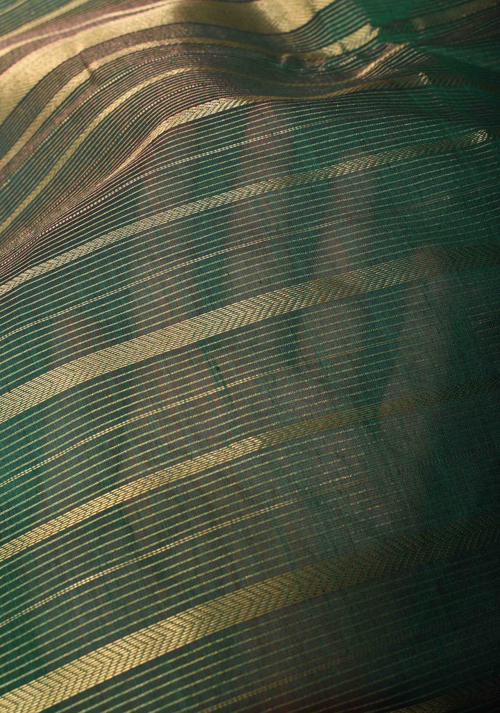 Green Handwoven Maheshwari Silk Cotton Saree with Horizontal zari Stripes and Border