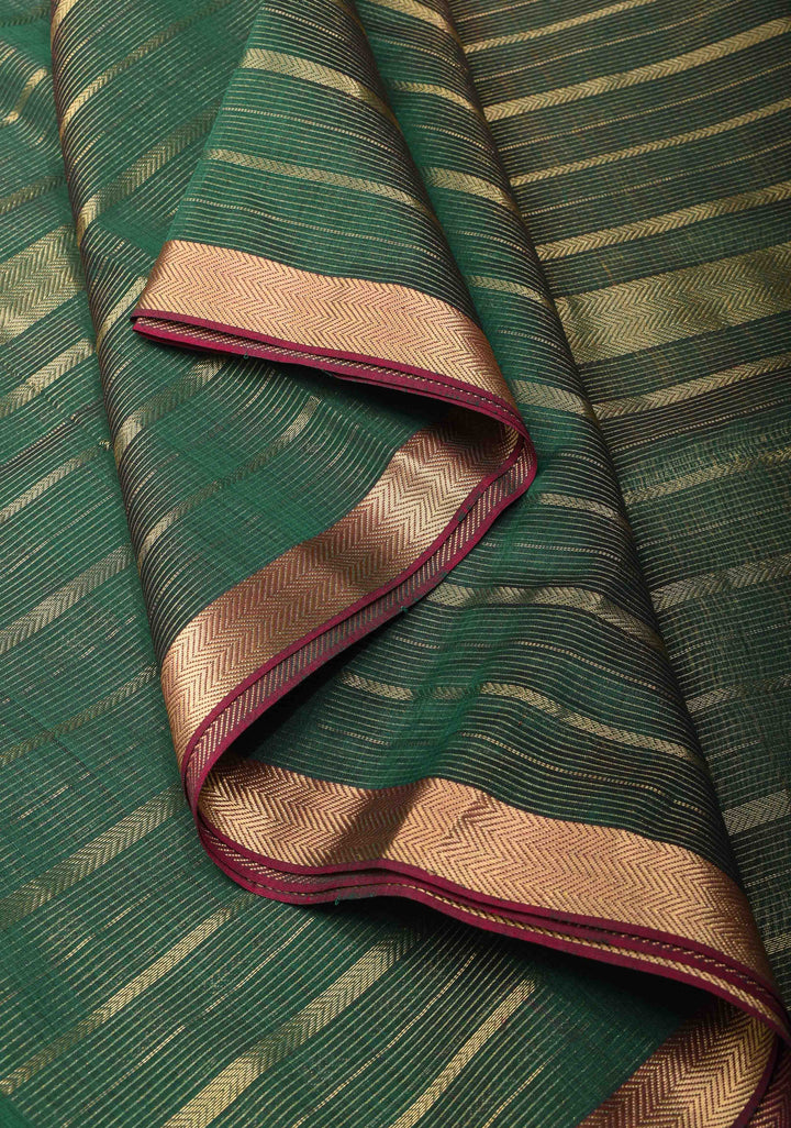 Green Handwoven Maheshwari Silk Cotton Saree with Horizontal zari Stripes and Border