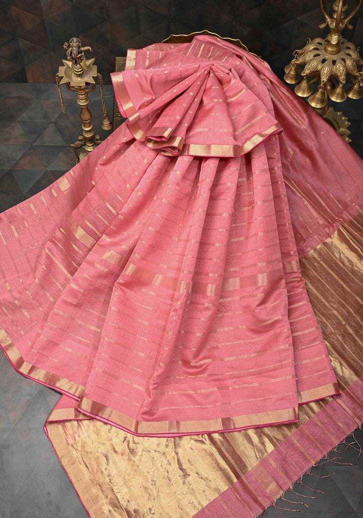 Rose Pink Handwoven Maheshwari Silk Cotton Saree with Horizontal Zari Stripes and Tissue Blouse Piece and Pallu