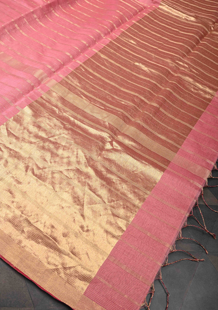 Rose Pink Handwoven Maheshwari Silk Cotton Saree with Horizontal Zari Stripes and Tissue Blouse Piece and Pallu