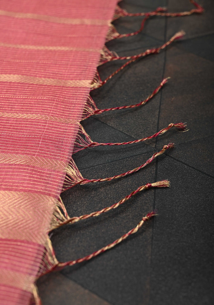 Rose Pink Handwoven Maheshwari Silk Cotton Saree with Horizontal Zari Stripes and Tissue Blouse Piece and Pallu