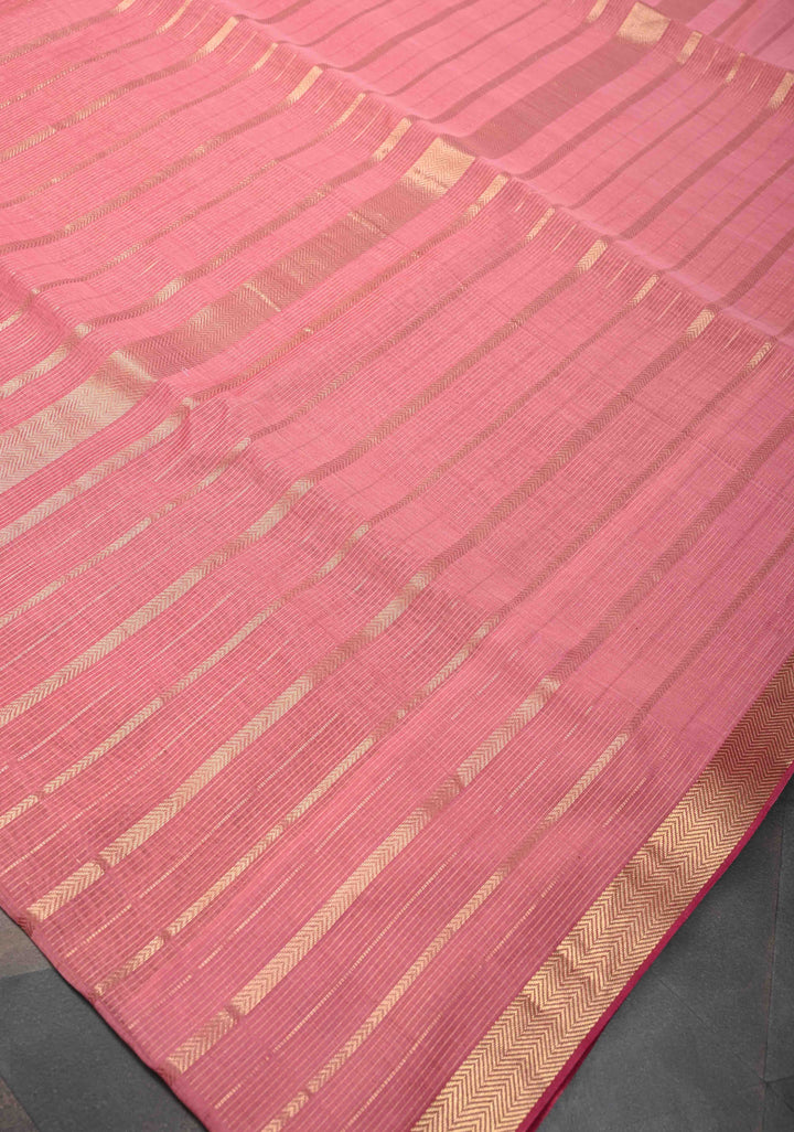 Rose Pink Handwoven Maheshwari Silk Cotton Saree with Horizontal Zari Stripes and Tissue Blouse Piece and Pallu