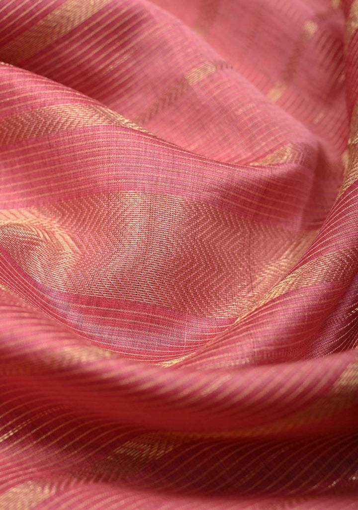 Rose Pink Handwoven Maheshwari Silk Cotton Saree with Horizontal Zari Stripes and Tissue Blouse Piece and Pallu