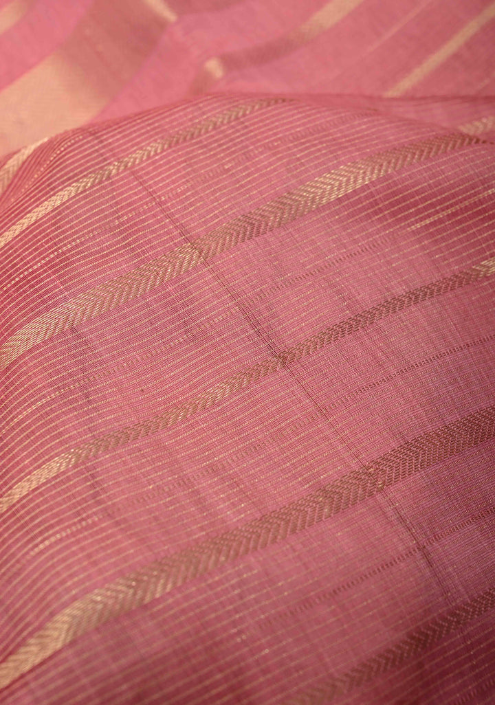 Rose Pink Handwoven Maheshwari Silk Cotton Saree with Horizontal Zari Stripes and Tissue Blouse Piece and Pallu