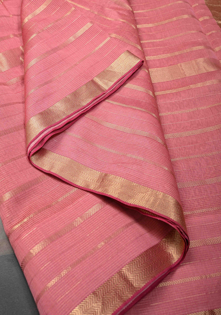 Rose Pink Handwoven Maheshwari Silk Cotton Saree with Horizontal Zari Stripes and Tissue Blouse Piece and Pallu