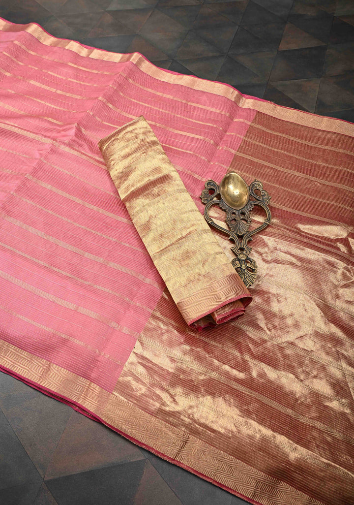 Rose Pink Handwoven Maheshwari Silk Cotton Saree with Horizontal Zari Stripes and Tissue Blouse Piece and Pallu