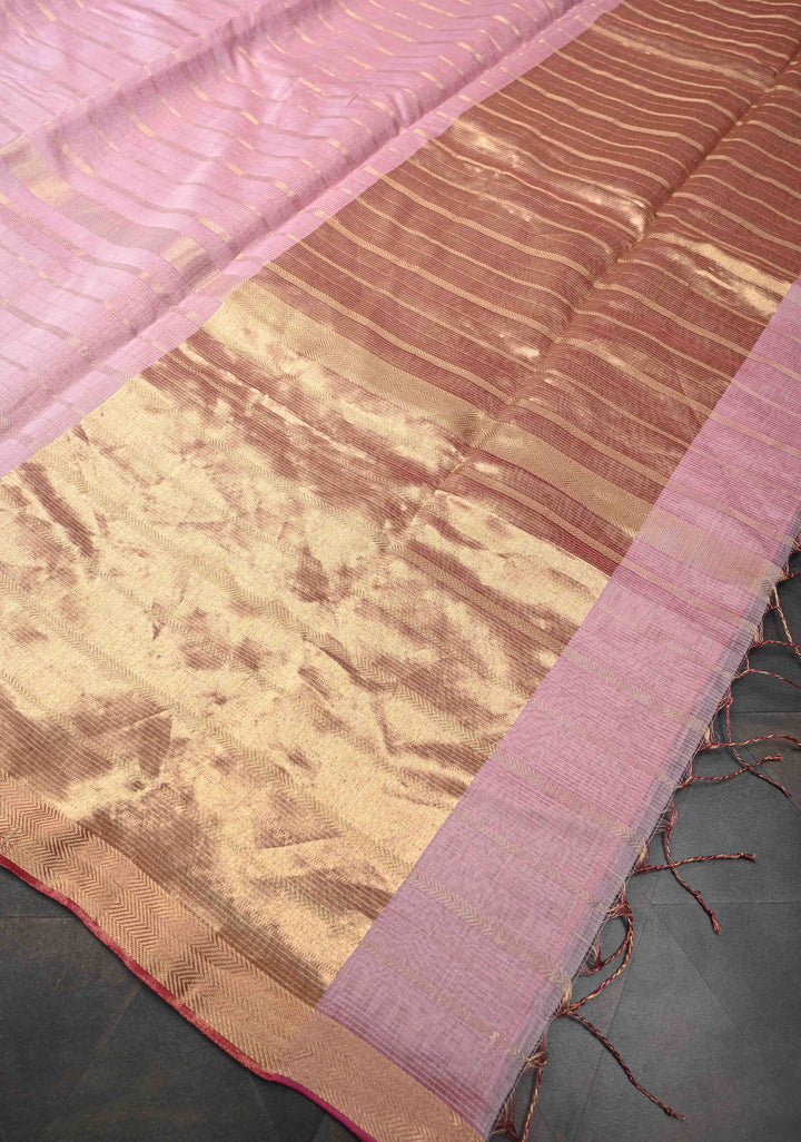 Pastel Pink Handwoven Maheshwari Silk Cotton Saree with Horizontal Stripes Tissue Blouse Piece and Pallu