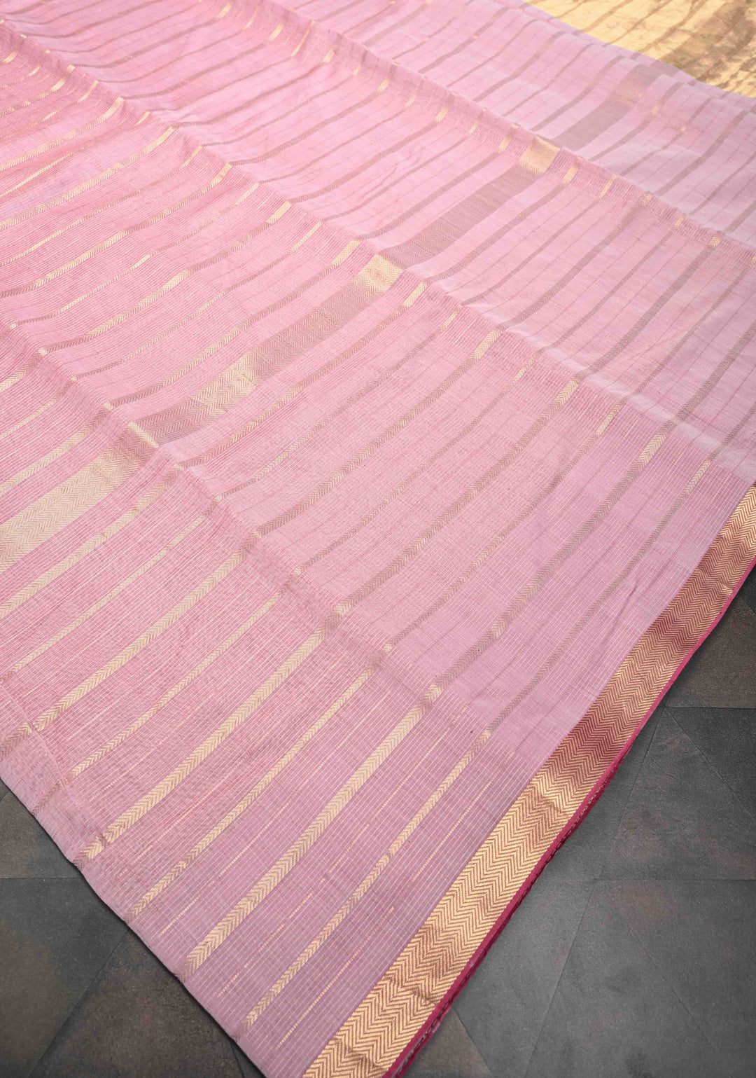 Pastel Pink Handwoven Maheshwari Silk Cotton Saree with Horizontal Stripes Tissue Blouse Piece and Pallu