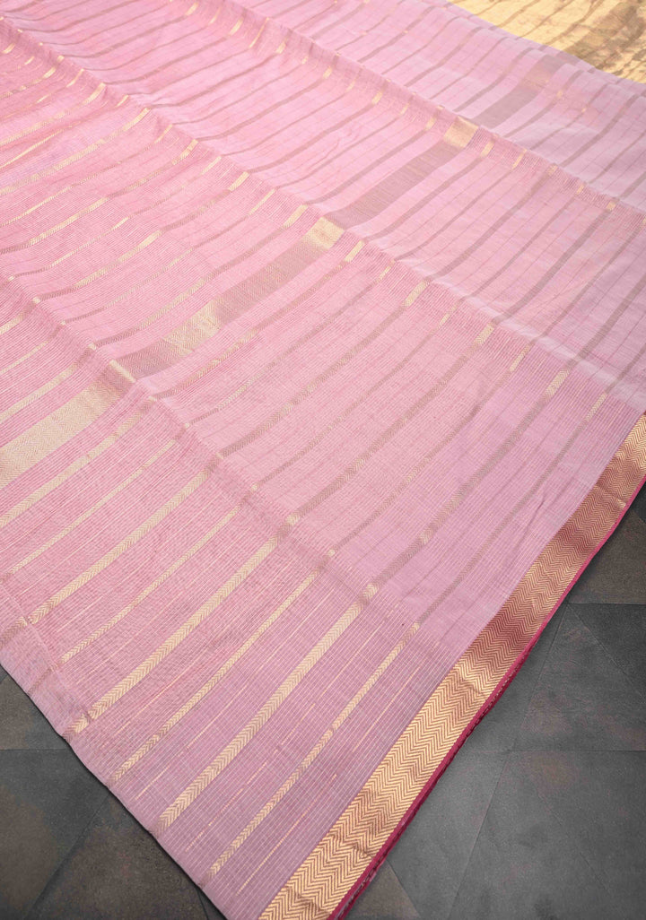 Pastel Pink Handwoven Maheshwari Silk Cotton Saree with Horizontal Stripes Tissue Blouse Piece and Pallu