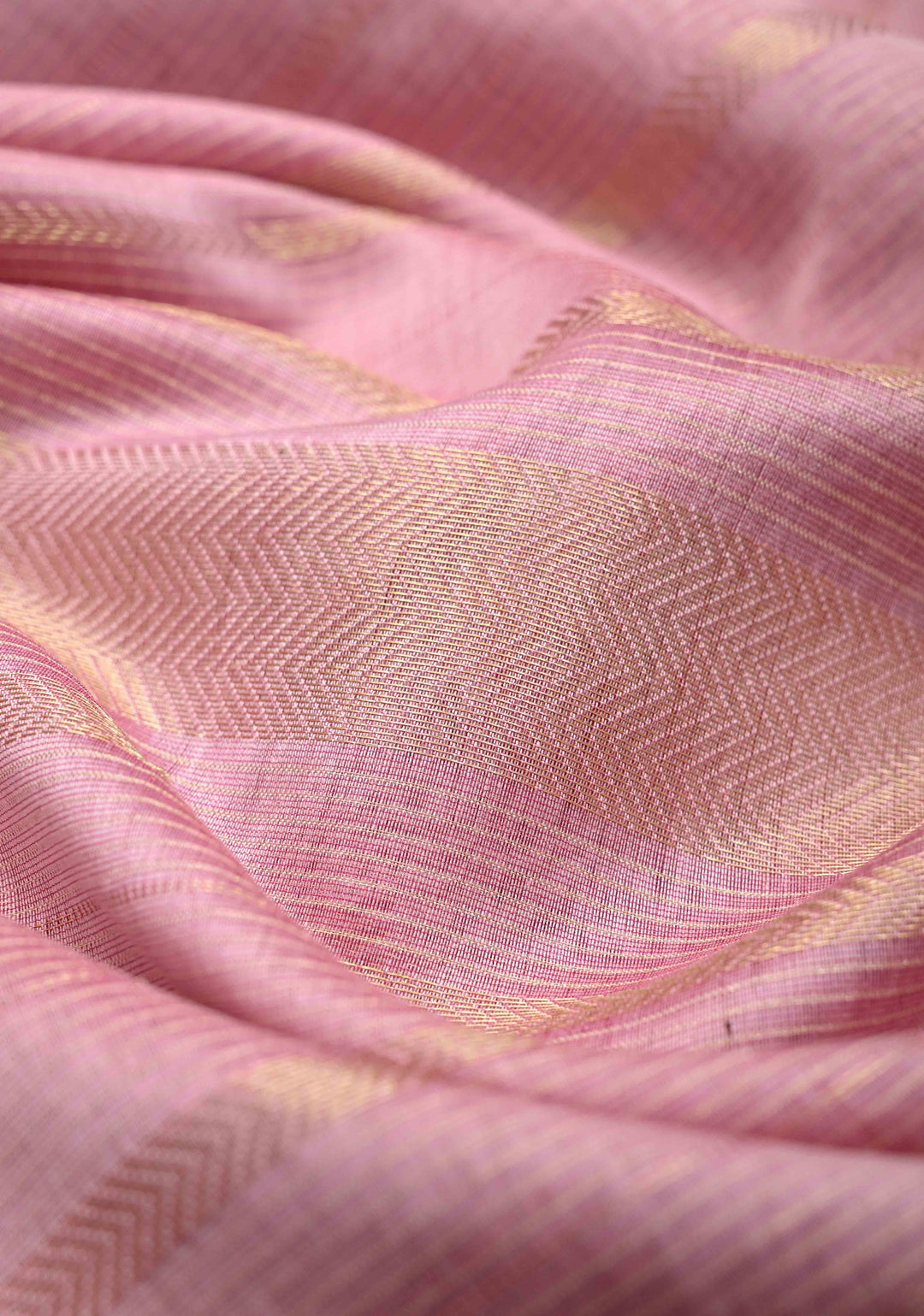 Pastel Pink Handwoven Maheshwari Silk Cotton Saree with Horizontal Stripes Tissue Blouse Piece and Pallu