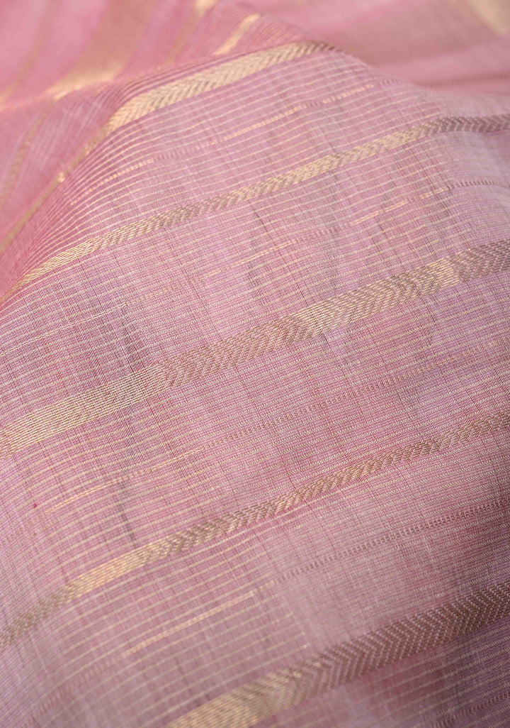 Pastel Pink Handwoven Maheshwari Silk Cotton Saree with Horizontal Stripes Tissue Blouse Piece and Pallu