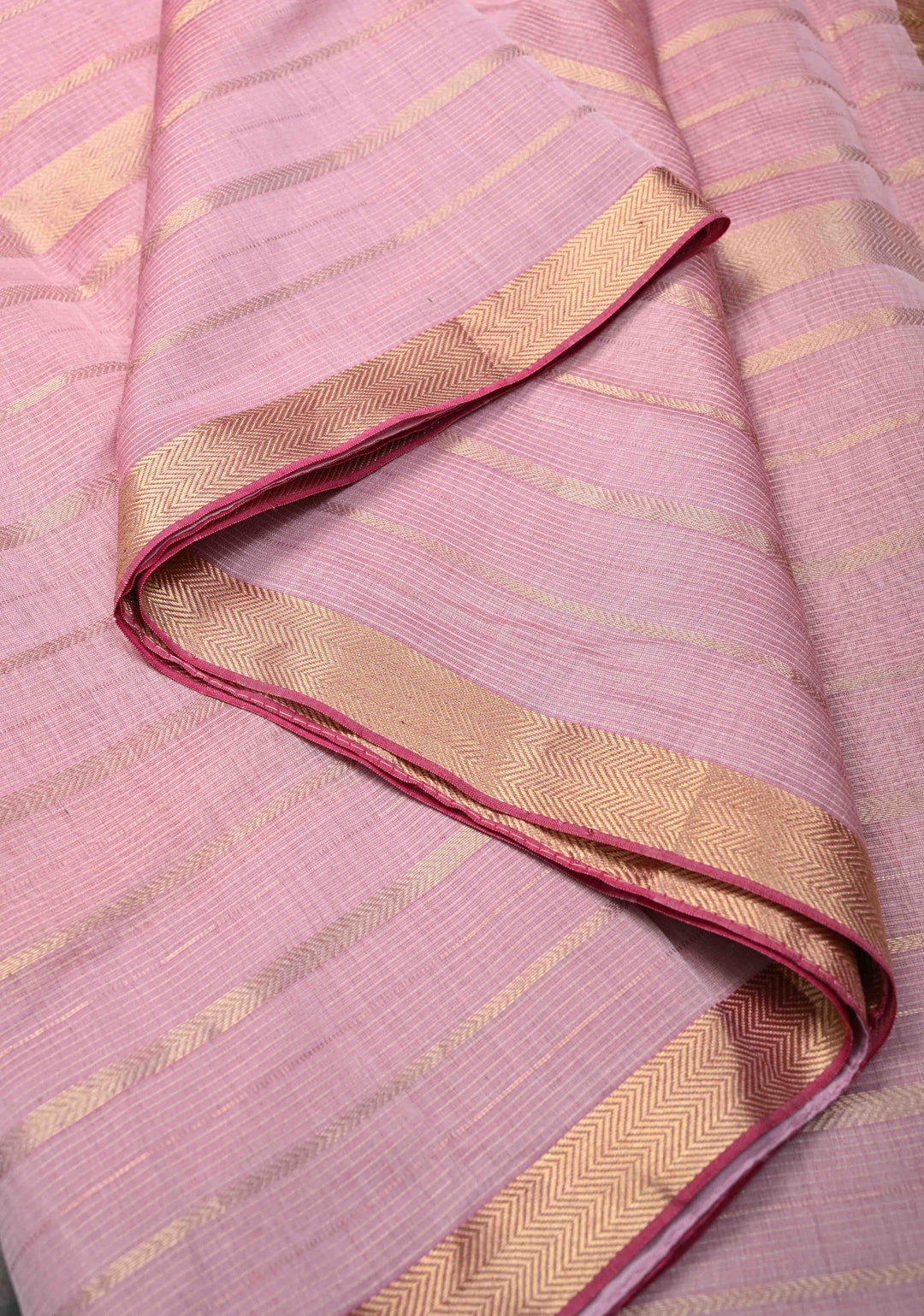 Pastel Pink Handwoven Maheshwari Silk Cotton Saree with Horizontal Stripes Tissue Blouse Piece and Pallu
