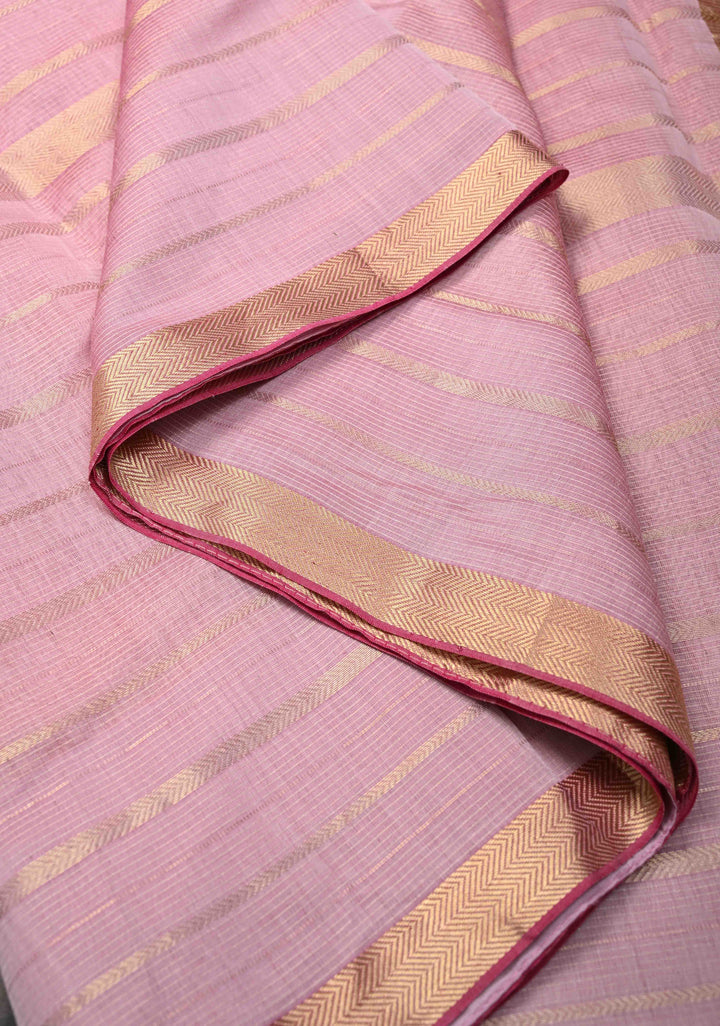 Pastel Pink Handwoven Maheshwari Silk Cotton Saree with Horizontal Stripes Tissue Blouse Piece and Pallu