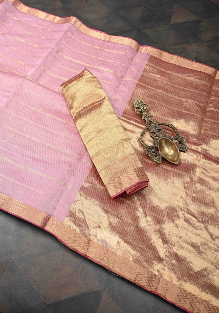 Pastel Pink Handwoven Maheshwari Silk Cotton Saree with Horizontal Stripes Tissue Blouse Piece and Pallu