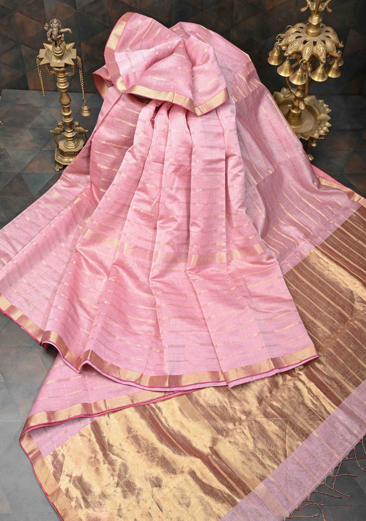 Pastel Pink Handwoven Maheshwari Silk Cotton Saree with Horizontal Stripes Tissue Blouse Piece and Pallu