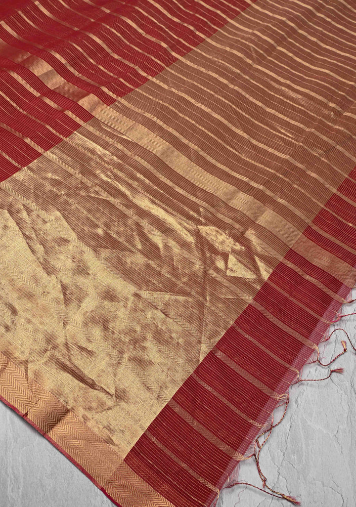 Dark Red Handwoven Maheshwari Silk Cotton Saree with Horizontal Stripes and Zari border