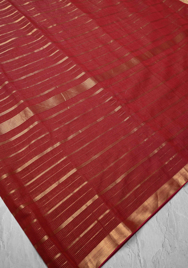 Dark Red Handwoven Maheshwari Silk Cotton Saree with Horizontal Stripes and Zari border