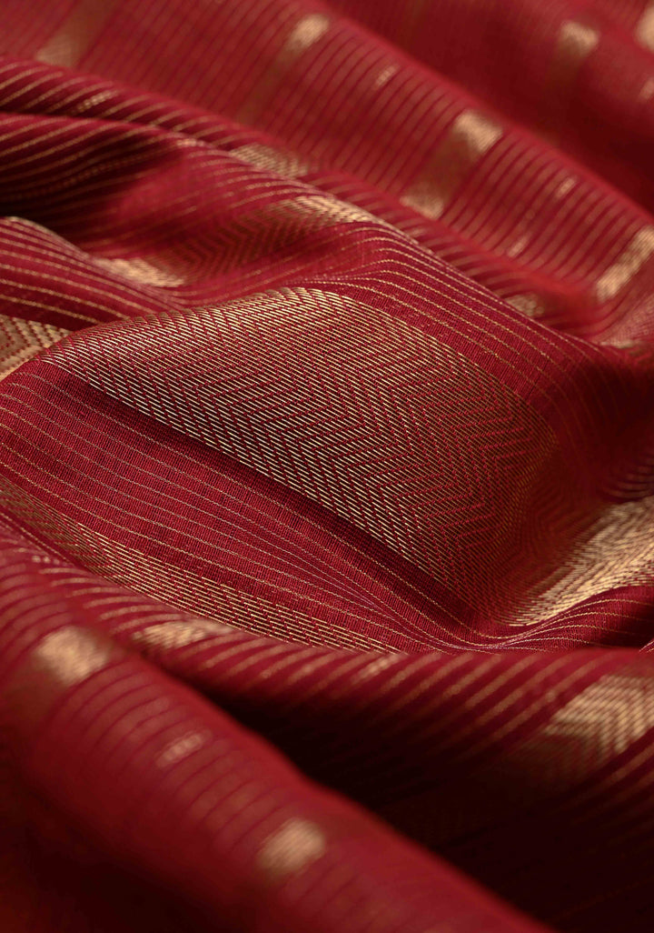 Dark Red Handwoven Maheshwari Silk Cotton Saree with Horizontal Stripes and Zari border