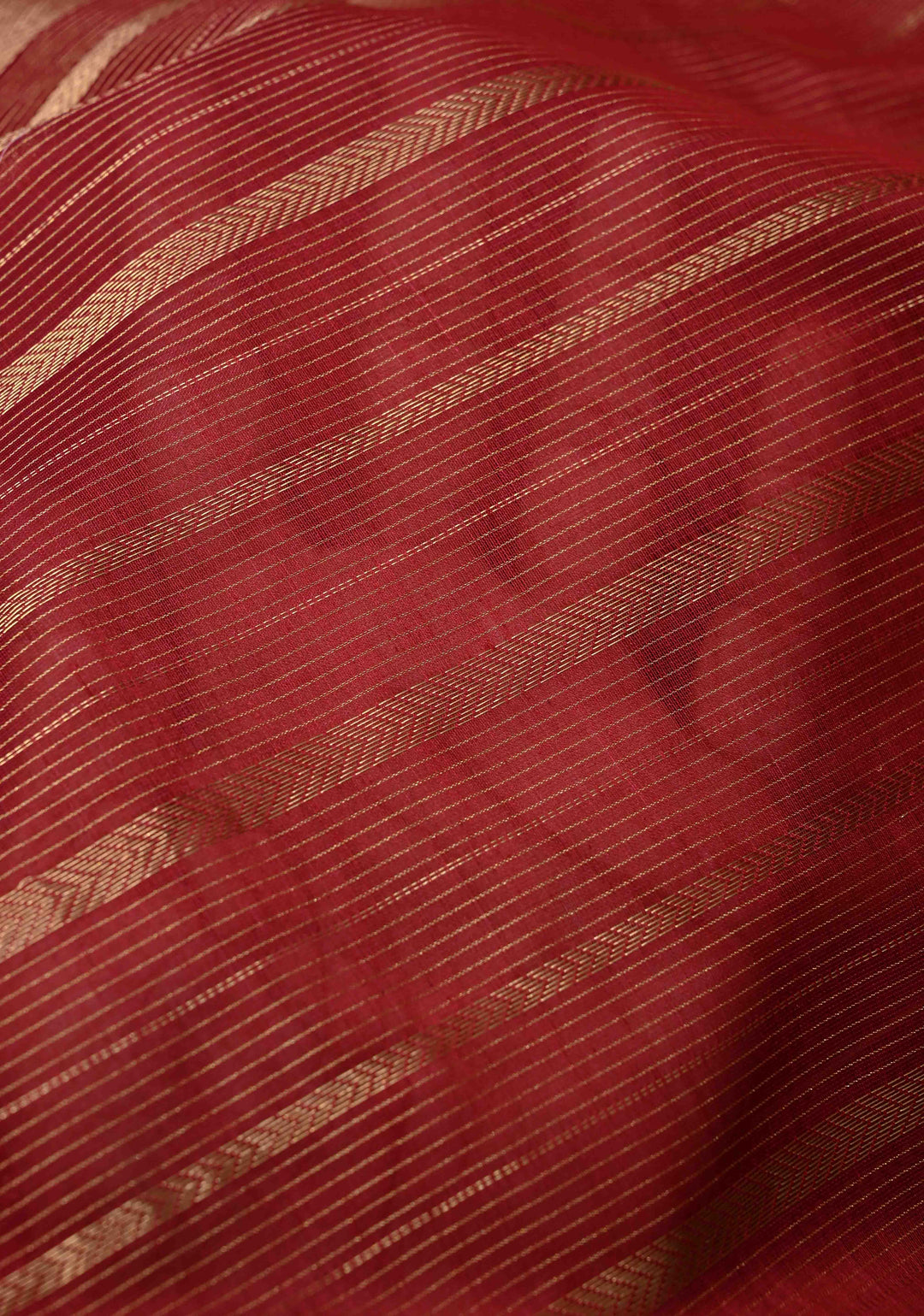 Dark Red Handwoven Maheshwari Silk Cotton Saree with Horizontal Stripes and Zari border