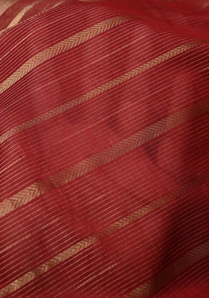 Dark Red Handwoven Maheshwari Silk Cotton Saree with Horizontal Stripes and Zari border