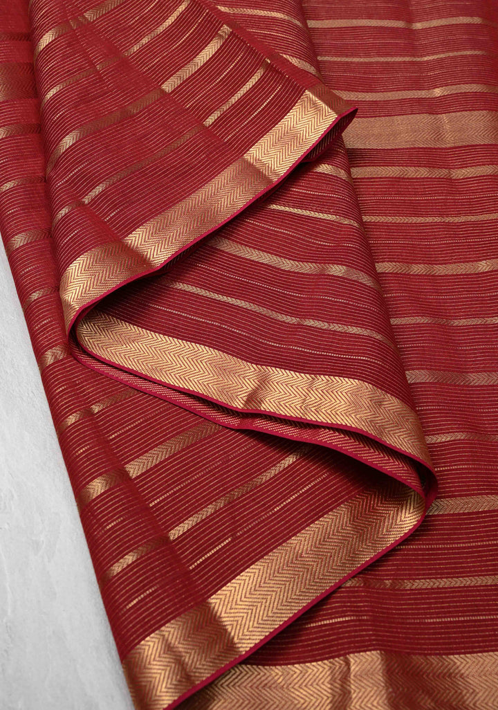 Dark Red Handwoven Maheshwari Silk Cotton Saree with Horizontal Stripes and Zari border