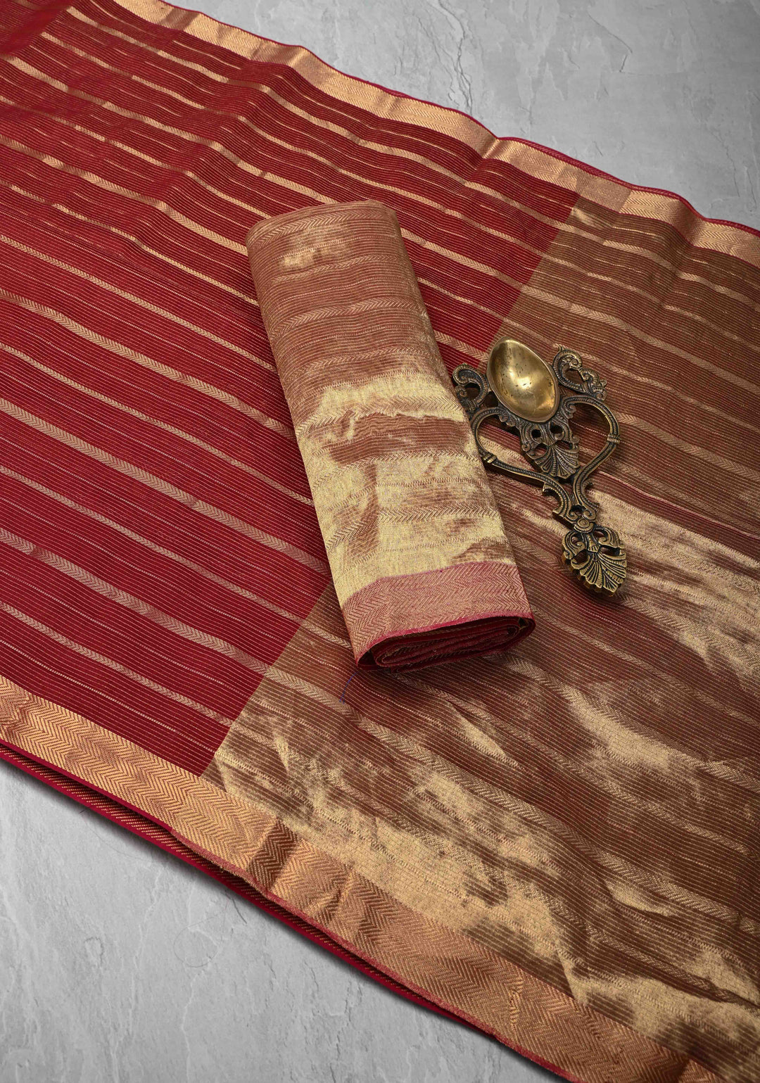 Dark Red Handwoven Maheshwari Silk Cotton Saree with Horizontal Stripes and Zari border