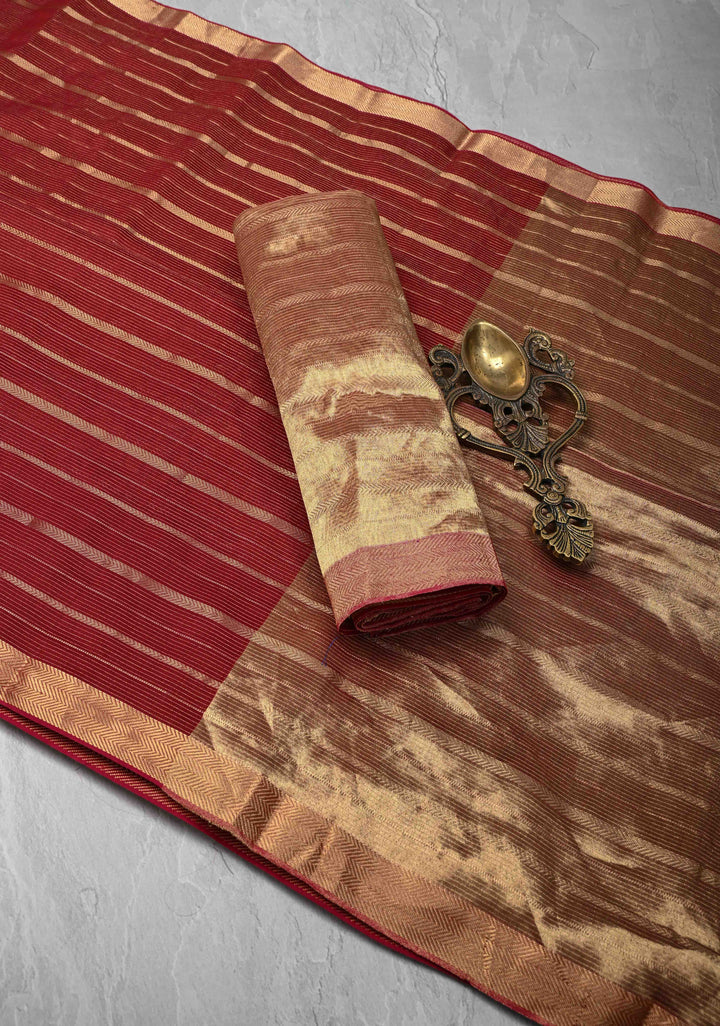 Dark Red Handwoven Maheshwari Silk Cotton Saree with Horizontal Stripes and Zari border